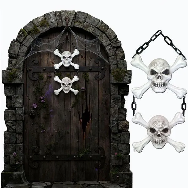 Decoração de Halloween para Pendurar com 2 Caveiras e Ossos Realistas Acorrentadas em Plástico Enfeite de 1 metro -