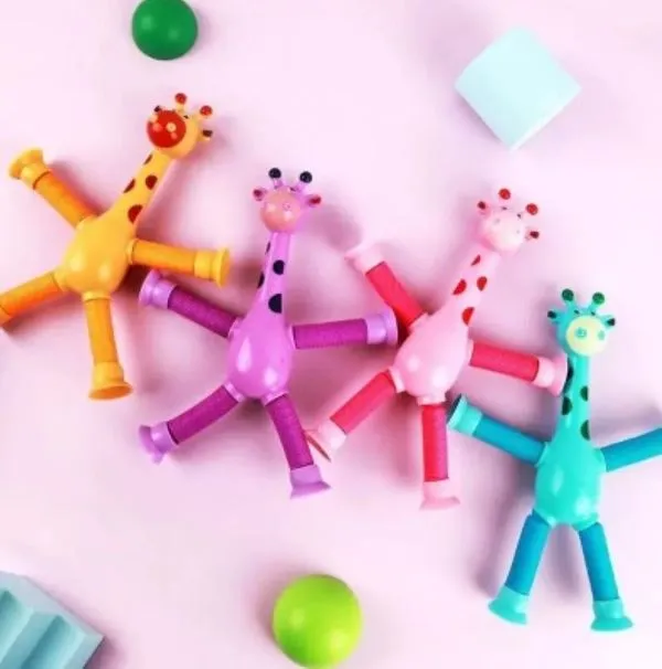 Brinquedo Girafa Estica Gruda Pop Tubo Zoo Com Luz Led