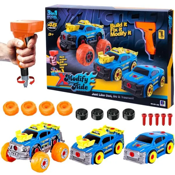 Carrinho Custom Car Montar e Desmontar Infantil 3 em 1 com Parafusadeira 46 pçs Azul