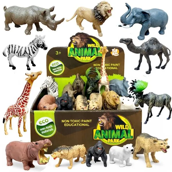 Caixa de Animais 12 Bichinhos Girafa Elefante Urso Leão Hipopótamo Zebra Camelo