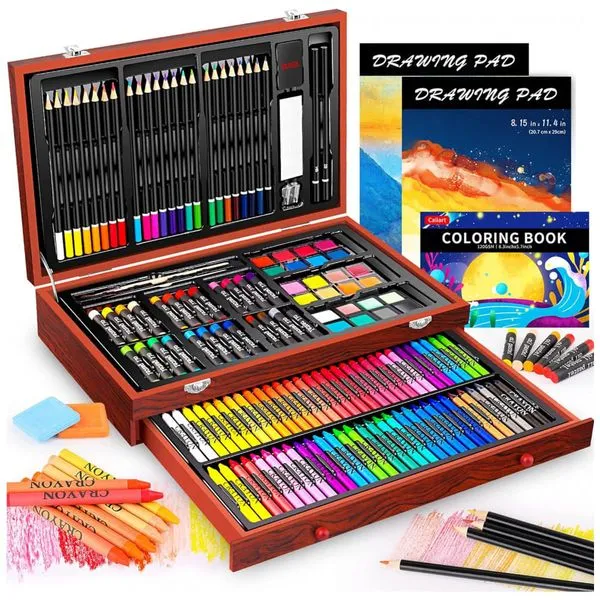 Art Supplies Kit Lápis de Cor Profissional com Maleta de Madeira 153 peças Tintas Acrílicas, Aquarela, CALIART, Marrom 110v