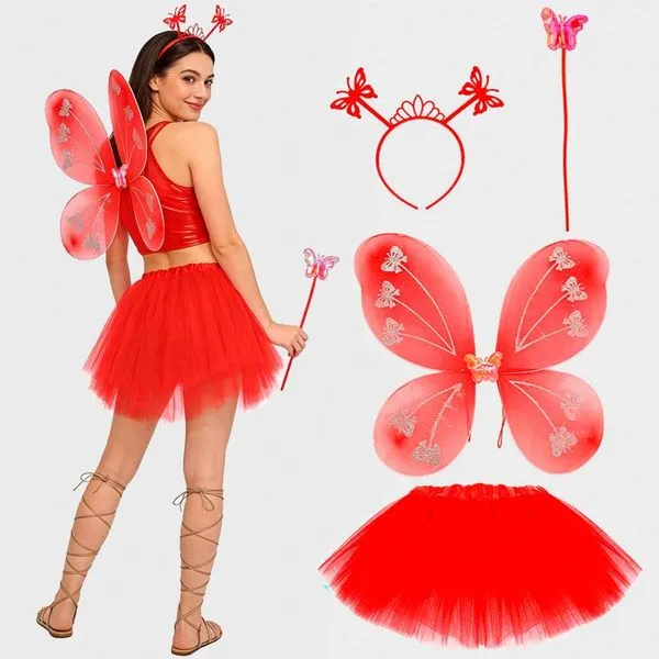 Fantasia Carnaval Adulta Borboleta Kit Asa Tiara Saia 40 cm Vermelho