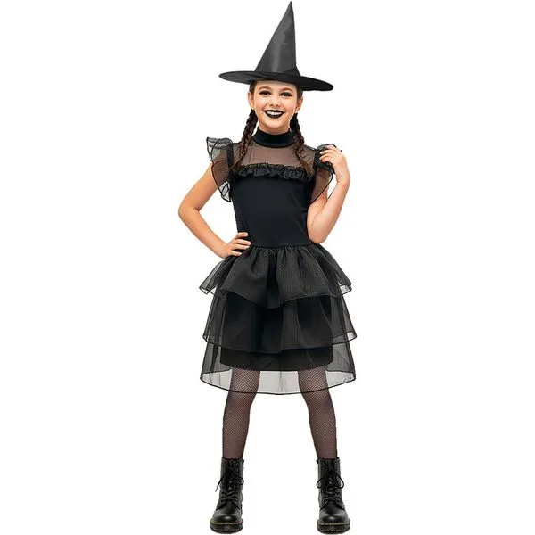 Fantasia Bruxa Infantil Adolescente Menina de Luxo Com Meia e Chapeu Halloween P / Preto