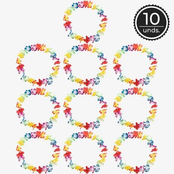 Kit 10 Colares Havaianos Coloridos 45cm com Flores de Tecido e Tubo de Proteção Resistente para Carnaval e Luau