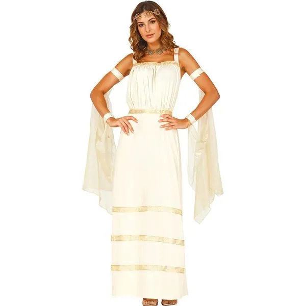 Deusa Grega Fantasia Vestido Romano Mitologia Longo Com Veu pp / BEGE
