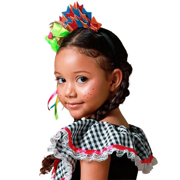 Tiara Festa Junina Infantil de Luxo Bandeirinhas e Chapéu Rosa