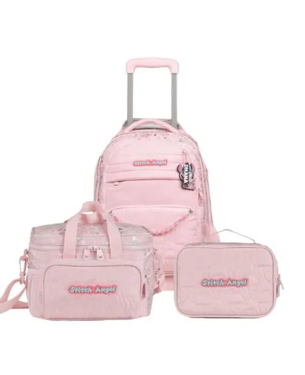 Kit Mochila de 4 rodinhas + Lancheira Térmica Feminina Stitch & Angel Rosa Claro