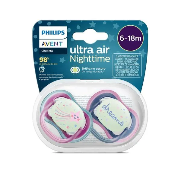 Chupeta Philips Avent Ultra Air Nigthtime +6 meses Azul e Rosa 2 Unidades