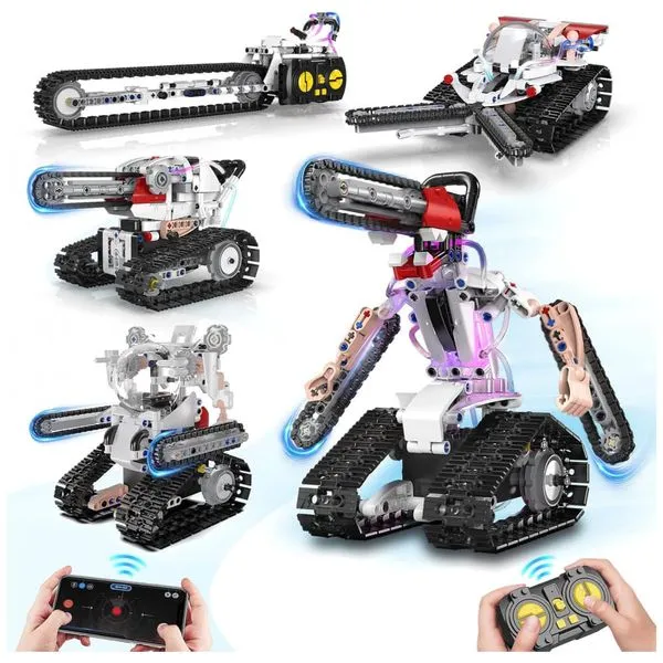 Kit Educativo de Engenharia Azul e Branco – 5-em-1 STEM RC Robot Building Kit com 419 Peças, Controle Remoto e App para Crianças