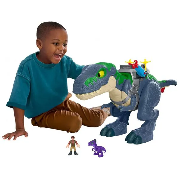 Playset dinossauro Fisher-Price Imaginext Jurassic World Rebirth Ultimate Action Chomp T. rex 46 cm com luzes, sons, movimento e 2 figuras de ação