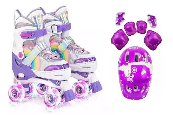 Patins Infantil Quad Ajustável + Kit Proteção Rodas Em Led 36-38 / Azul