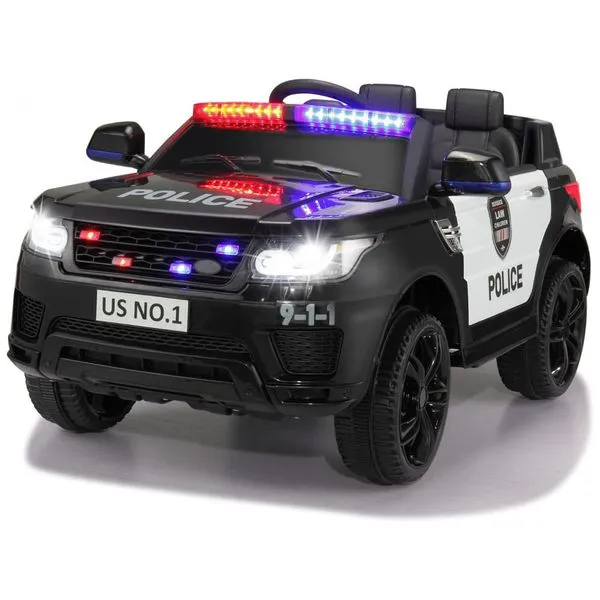 Carro Elétrico Infantil a Bateria Policial com Controle Remoto, Sirene, Luzes Piscantes, Música via Blueooth e Suspensão de Mola, 12V, TOBBI, Preto e 110v