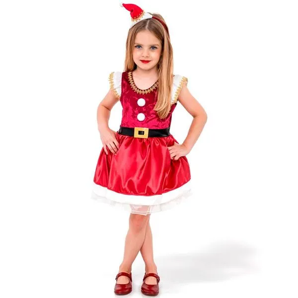 Fantasia Mamãe Noel Infantil pra Menina Vestido Veludo de Natal M / Vermelho