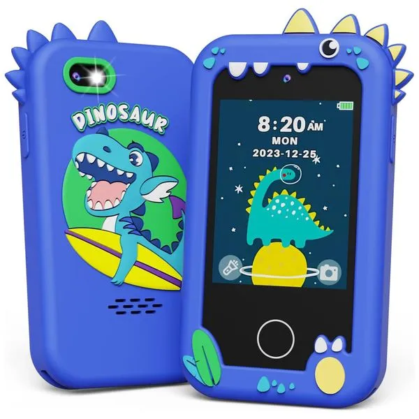 Telefone Infantil KOKODI Dinossauro Azul Marinho, 12MP, Vídeo HD 1080p, Bateria Recarregável, Cartão SD 8GB, Tela Touchscreen, Brinquedo Educativo.