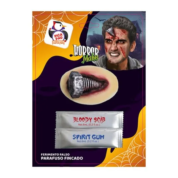 Ferimento Falso Horror Make Parafuso Fincado com Cola e Sangue para Maquiagem de Halloween