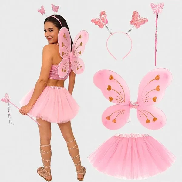 Fantasia Carnaval Adulta Borboleta Kit Asa Tiara Saia 40 cm Rosa
