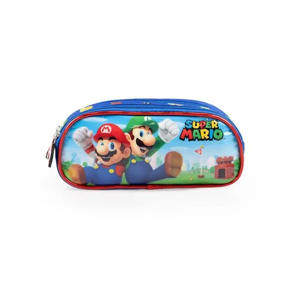 Estojo Escolar Infantil Masculino 3 Compartimentos Mario Bross Premium Azul U / Azul