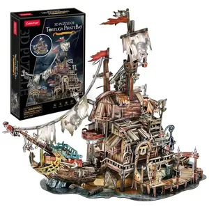Quebra Cabeças 3D para Adultos, Tema Casa dos Piratas Navio Naufrágio com 218 Peças, CubicFun T-3940, Marrom