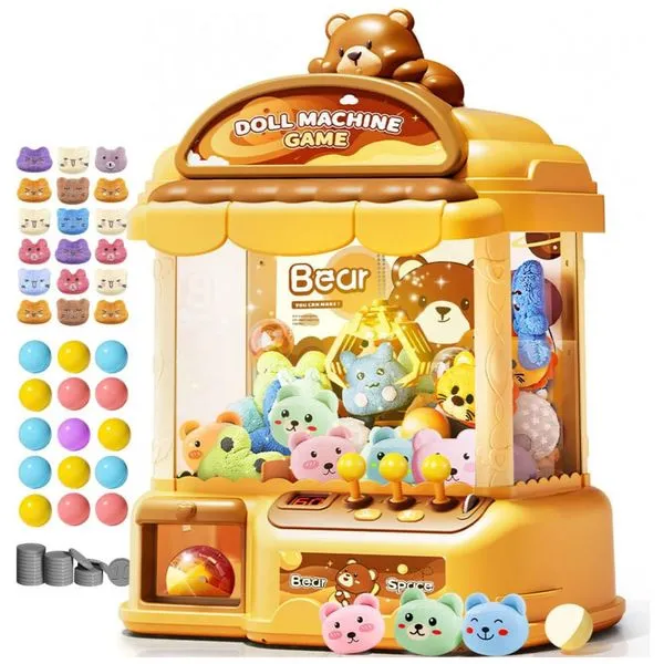 Máquina de Garra Amarela MIAOKE – Mini Arcade Infantil com 30 Mini Brinquedos, 20 Gacha, 24 Moedas e Música Ajustável