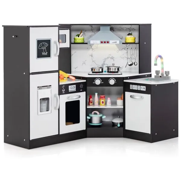 Cozinha Infantil Modular em Madeira com Luzes e Sons Realistas para Crianças Acima de 3 Anos, HONEY JOY, Preta 110v