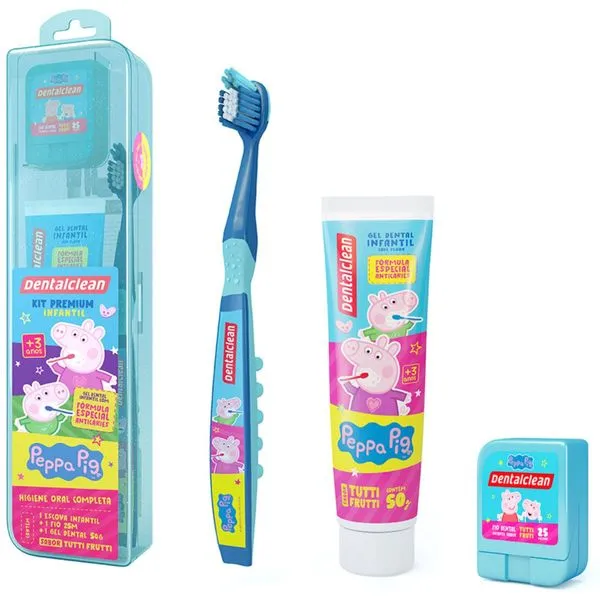 KIT PEPPA PIG ESCOVA + FIO DENTAL + GEL DENTAL - DENTALCLEAN AZUL
