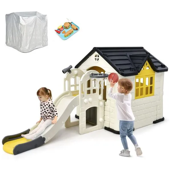Casinha Infantil para Área Externa 7 em 1 com Cesta de Basquete, Escorregador e Capa à Prova D'água, Costzon, Branca e Amarela 110v