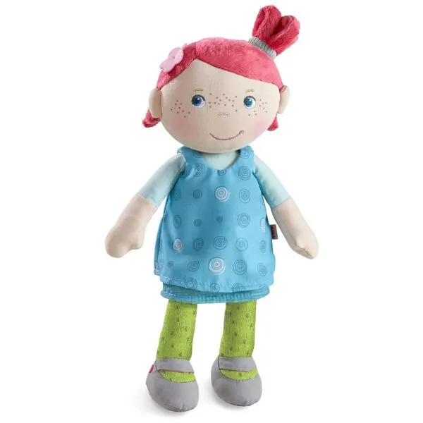Boneca HABA Aconchego Philine de 25 cm com Rosto Bordado, Tranças Rosa e Vestido Azul - Lavável na Máquina - Ideal como Primeira Boneca