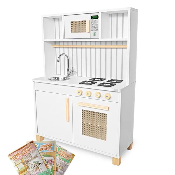 Kit Livro Cozinha Infantil Retro com Pia Fogão e Microondas Branco