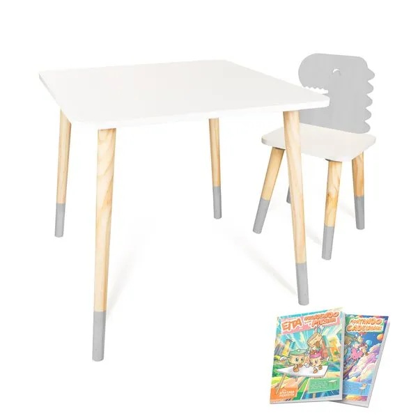 Kit Mesa e Cadeira Infantil Dinossauro G Cinza
