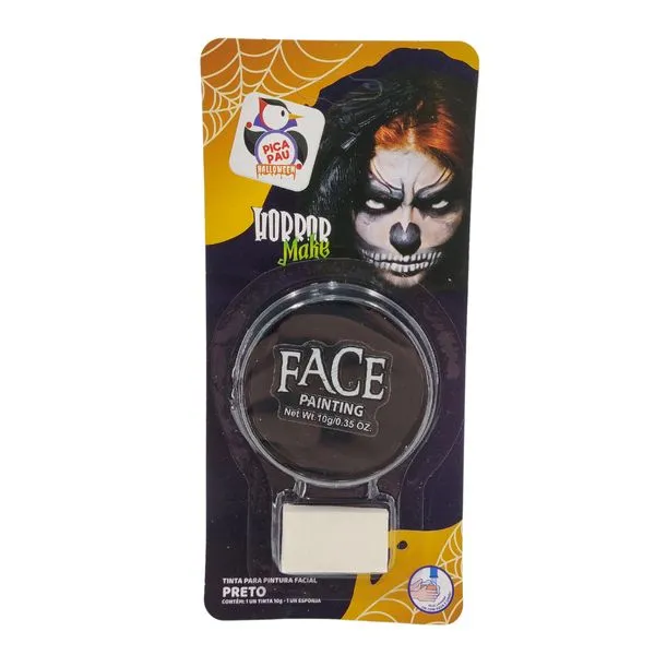 Tinta para Pintura Facial Preto Horror Make com Esponja – Halloween e Maquiagem Artística