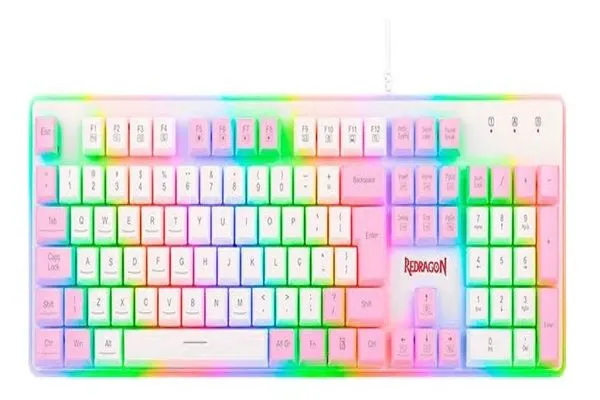 Teclado Gamer com Fio Membrana Redragon K509WP-RGB Dyaus 2 Cor Branco com Rosa