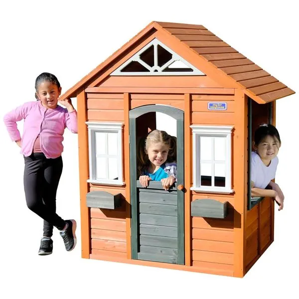 Casinha Infantil de Madeira para rea Externa com Porta Funcional, Design de Conceito Aberto e Suportes para Vasos de Flores, Sportspower WP612, Marrom 110v