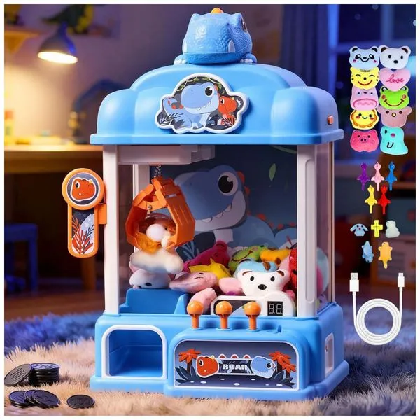 Máquina de Garra Azul da CWLAKON – Mini Vending Machine Infantil com Som, Temporizador de 60 s, Dinossauro e Prêmios