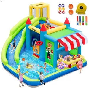 Casa de Pulos Inflável FBSPORT com Escorregador Aquático, Diversão Garantida para Crianças com Mercadinho e Piscina de Splash, Parede de Escalada