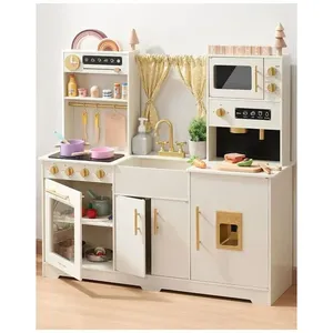 Cozinha de Brinquedo Realista em Madeira para Crianças de 3 a 10 Anos, Tiny Land, Branca Creme 110v