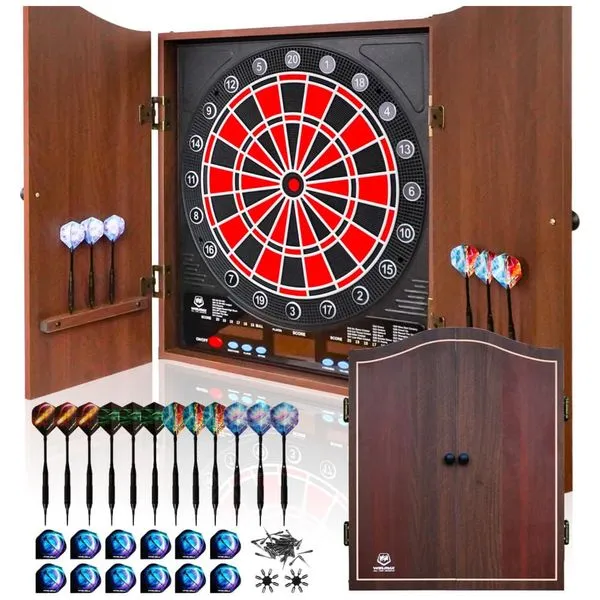 Jogo de Dardos Eletrônico, 12 Dardos, 34 Modos de Jogo e 355 Variações de Pontuação com Gabinete de Madeira Maciça para até 8 Jogadores, WIN.