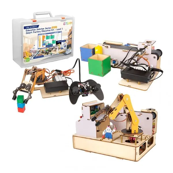 Kit fábrica inteligente ACEBOTT QE031 ESP32 IoT com braço robótico esteira sensores quebra-cabeça 3D em madeira para STEM