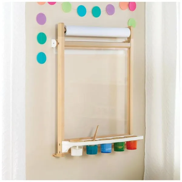 Cavalete infantil de parede Guidecraft Natural com bandeja para tinta, rolo de papel e painel acrílico magnético