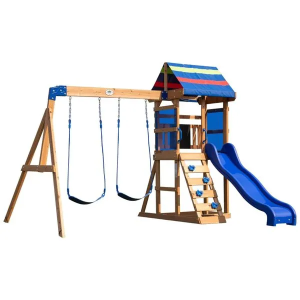Playground Infantil de Madeira com Caixa de Areia, Parede de Escalada, Escorregador e 2 Balanços, Backyard Discovery, Azul