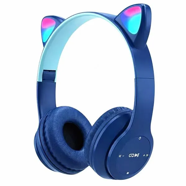 Fone Infantil Sem fio com Orelhas de Gato LEDs Bluetooth 5.0 Cartão Azul