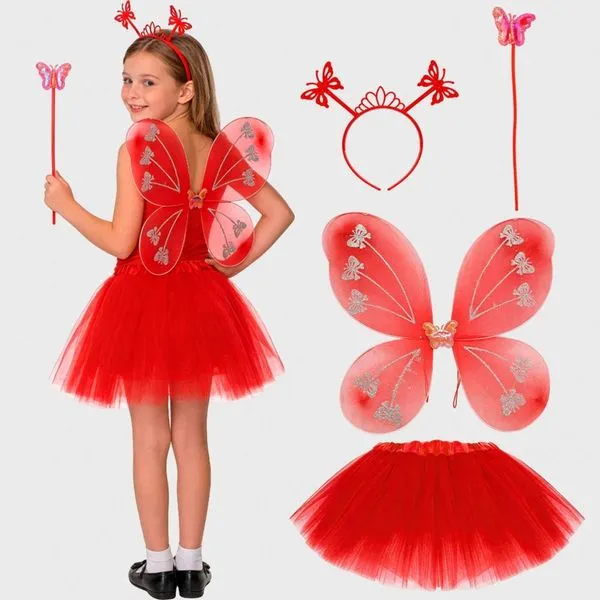 Fantasia Carnaval Criança Kit Asa Borboletinha Fada Fadinha Vermelho