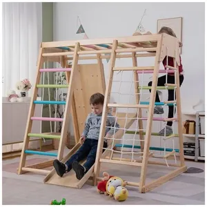 Playground Interno Avenlur Magnolia 7-em-1, com Escorregador, Parede de Escalada, Rede de Escalada, Barra de Macaco e Balanço, Estilo Waldorf.