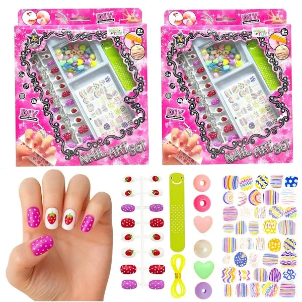 2 Conjuntos Nail Art Manicure Infantil Adesivos p/ Unhas e Miçangas na Caixa Presente