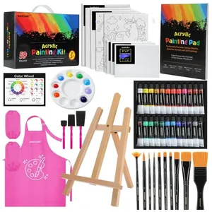 Kit pintura acrílica 59 peças MMARTE rosa com 24 tintas, cavalete em faia, pincéis, telas e bloco de canvas
