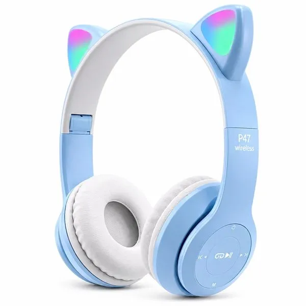 Fone Infantil Sem fio com Orelhas de Gato LEDs Bluetooth 5.0 Cartão Azul Claro