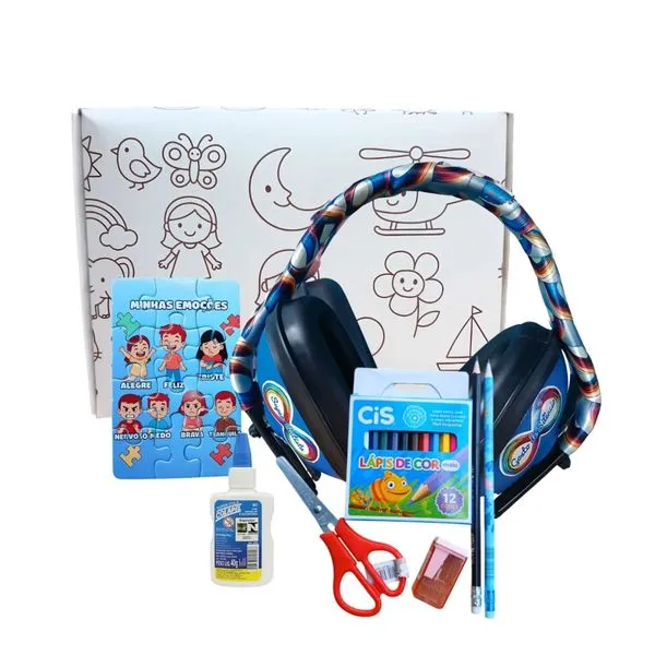 Abafador de Ruidos Para Meninos Com Caixa Para Colorir e Kit Escolar Sensorial