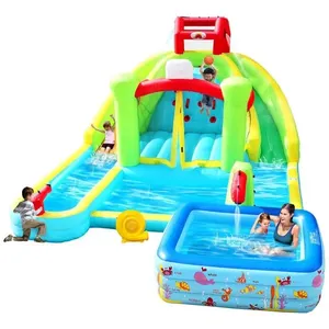 Parque Aquático Inflável com Duplo Tobogã, Castelo Pula-Pula, Escalada, Piscina, Basquete e Piscina Profunda de Tamanho Generoso,WELLFUNTIME