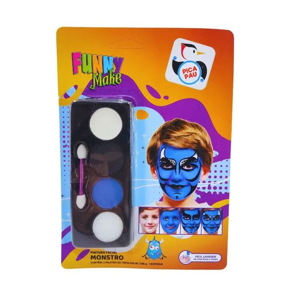 Kit Pintura Facial Infantil Monstro Funny Make Pica Pau Branco Preto Azul Lavável