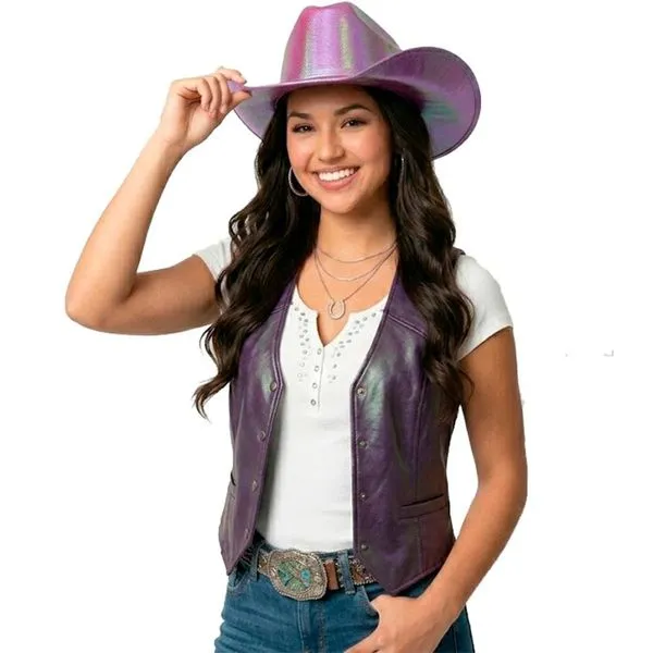 Chapéu Country Feminino Rosa Holográfico pra Fantasia Cowgirl Adulta rosa