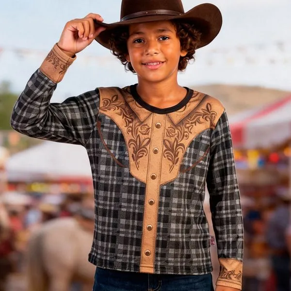 Camisa Festa Junina Infantil para Menino Roupa Country Manga Longa Xadrez P / Marrom